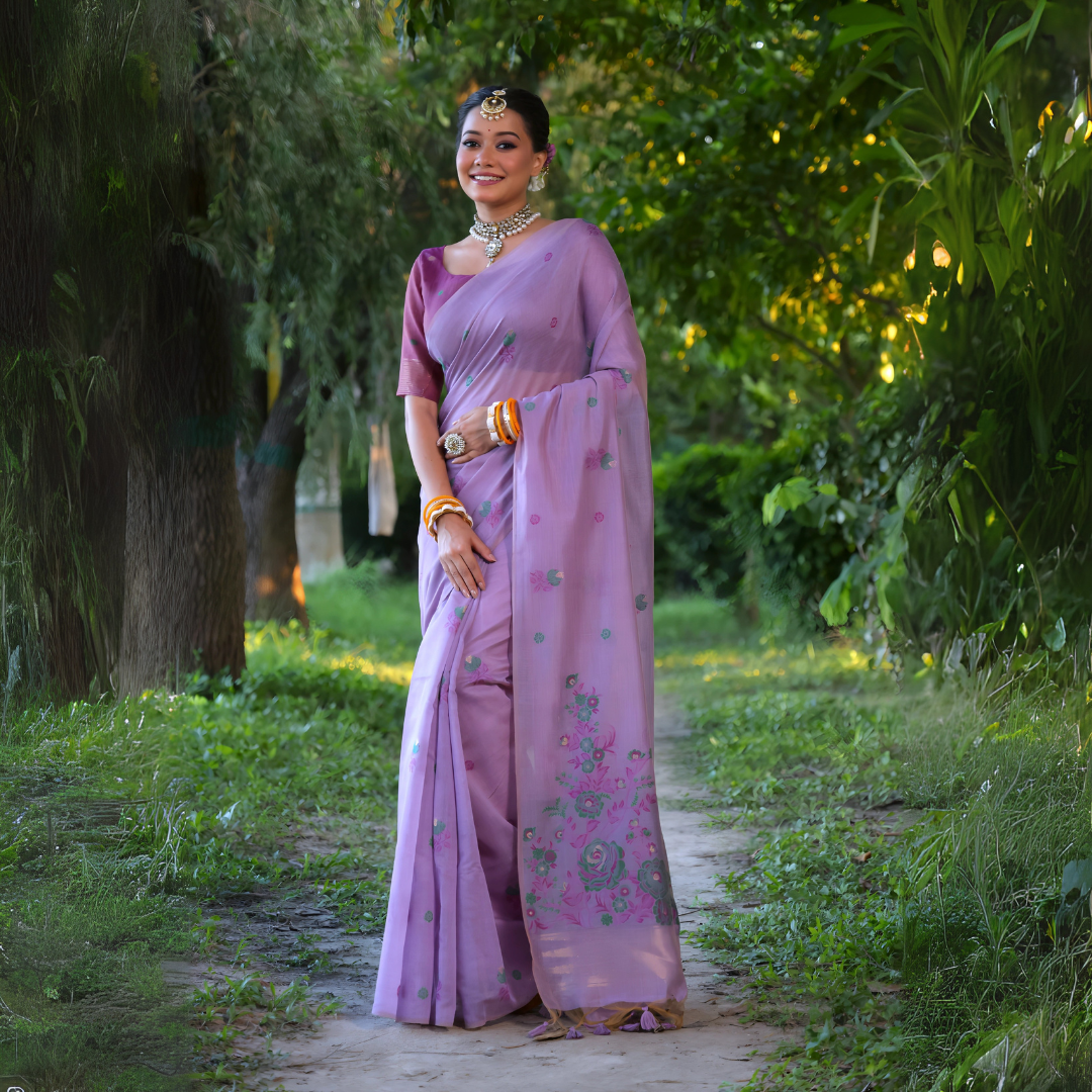 Woman wearing a lavender silk saree with delicate floral embroidery and a matching blouse, accessorized with traditional jewelry and bangles, standing and smiling on a sunlit garden path surrounded by lush green trees and foliage.