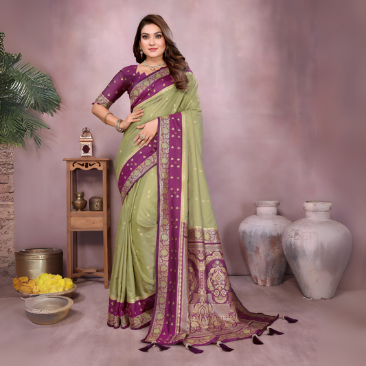 Woman wearing a lime green Banarasi silk saree with a rich purple and gold embroidered border, featuring intricate traditional motifs and an ornate pallu design. She pairs the saree with a matching purple blouse adorned with gold detailing, accessorized with traditional jewelry and bangles, posing gracefully in a modern studio setting with large white vases, a wooden side table, brass decor, green foliage, and a bowl of yellow flowers.