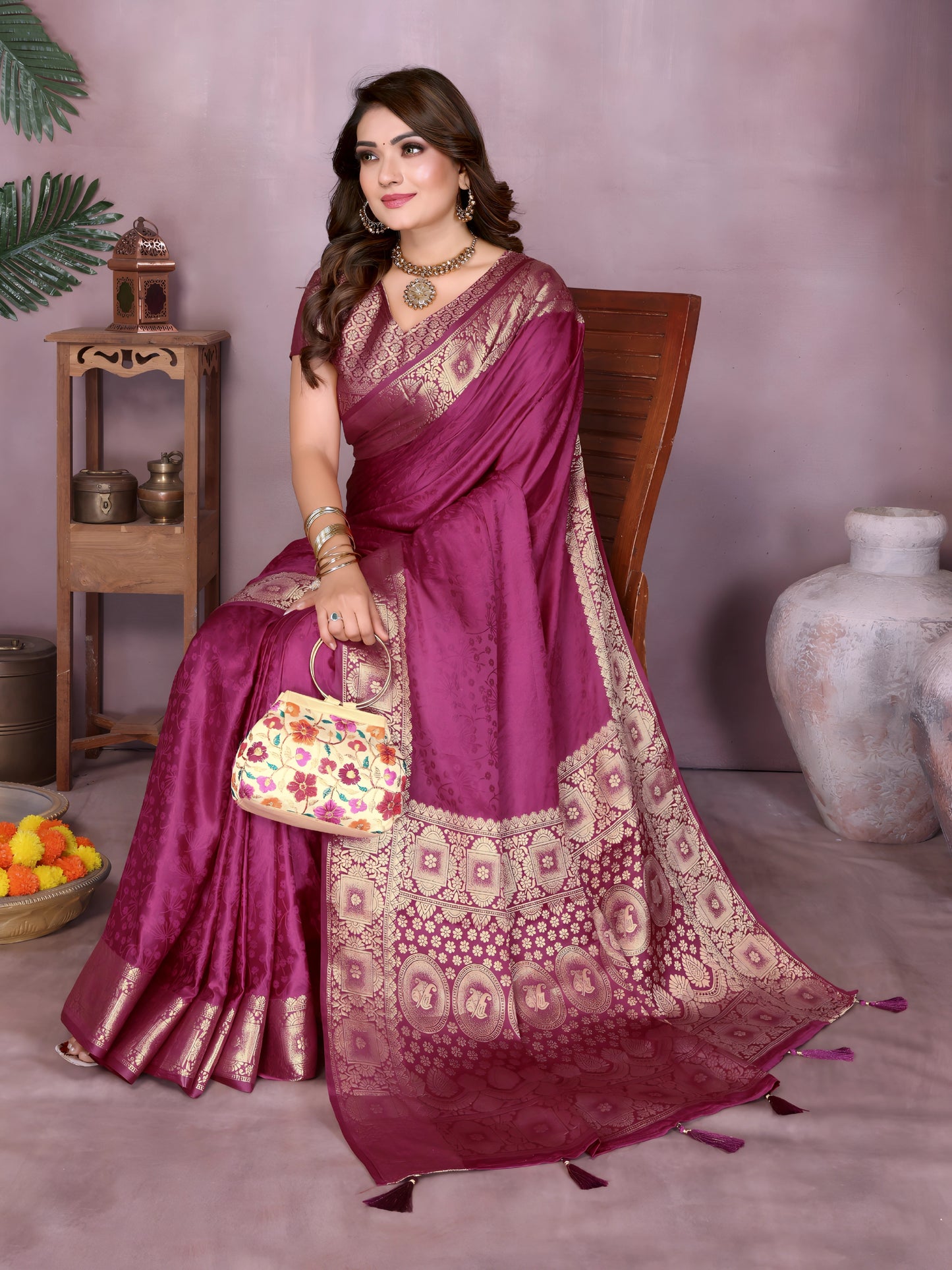 Woman wearing a rich magenta Banarasi silk saree with an ornate golden zari border and intricate woven motifs, paired with a matching short-sleeve blouse and traditional gold jewelry. She poses gracefully in a contemporary studio featuring large white pottery vases, a wooden stand with brass decorative items, a bowl of fresh marigolds, and green foliage, all set against a muted backdrop.