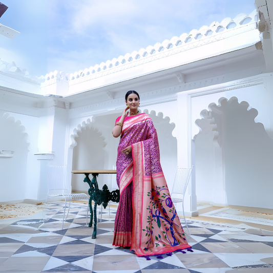 Woman wearing a magenta silk saree with intricate woven patterns and a contrasting peach pallu featuring handpainted floral and bird designs, styled with a matching blouse and jewelry, posing in a white heritage courtyard with arched walls and patterned tile flooring