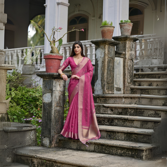 Woman wearing a magenta silk saree with a gold zari border and subtle woven motifs, paired with a matching blouse and delicate jewelry, posing on stone steps of a heritage mansion surrounded by potted plants and lush greenery.