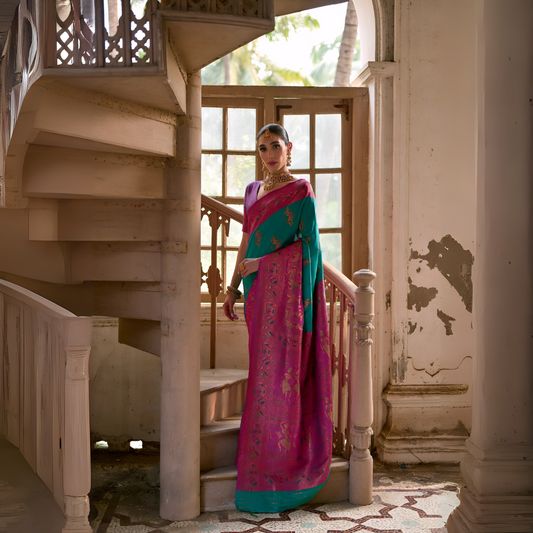 Woman wearing a magenta silk saree with teal pallu and intricate gold floral motifs, paired with a coordinated blouse and traditional gold jewelry, elegantly standing on a vintage spiral staircase in a sunlit heritage interior with tall wooden windows, distressed off-white walls, and patterned tile flooring.