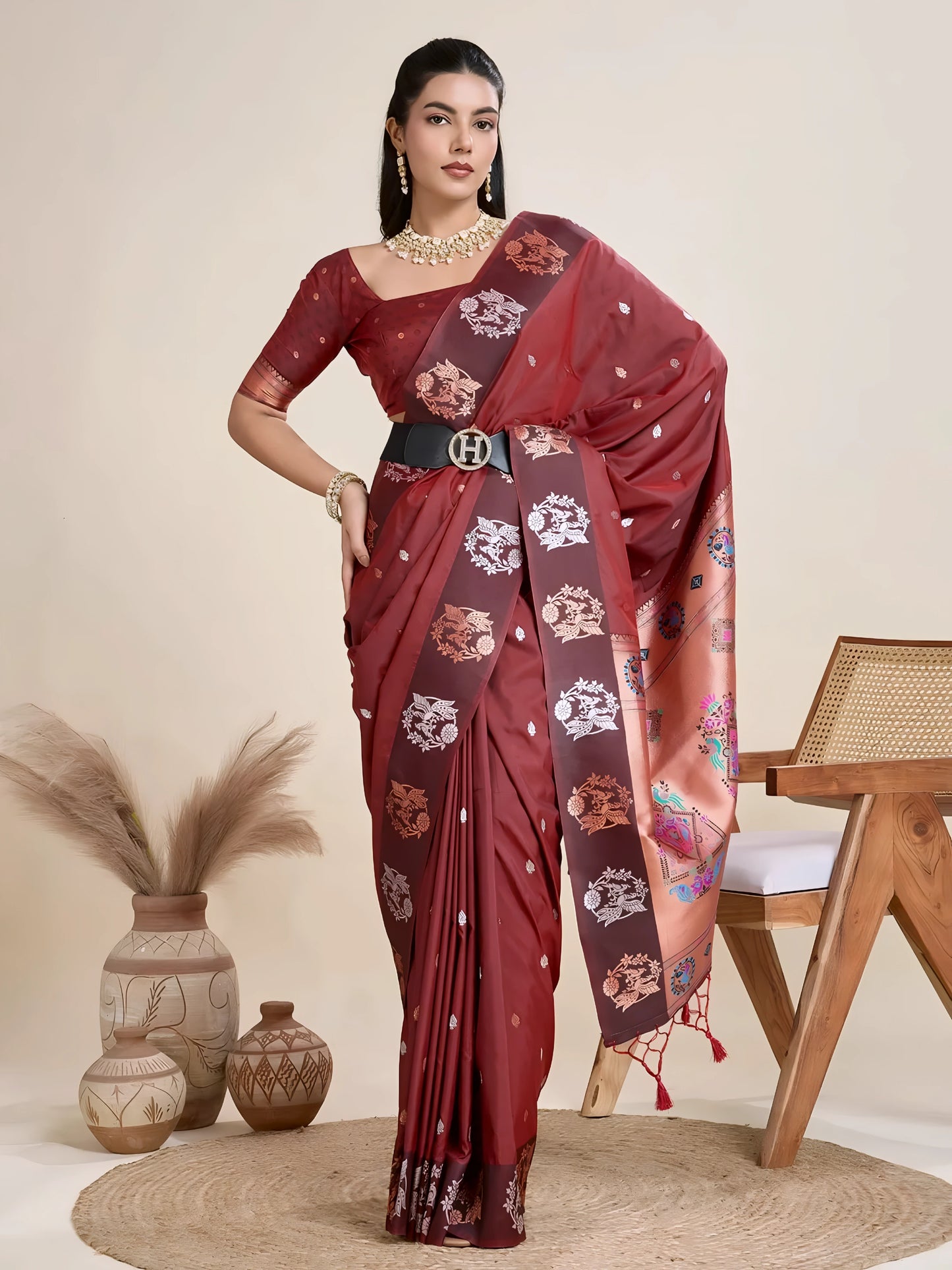 Woman wearing a maroon Banarasi silk saree with intricate floral motifs and a contrasting copper border, paired with a matching blouse and statement pearl necklace, elegantly posing beside a wooden chair in a minimalist studio setting with neutral decor, ceramic vases, and pampas grass.
Related
maroon-banarasi-silk-saree-floral-border-modern-studio
Woman in a maroon Banarasi silk saree with floral motifs and gold border, posing in a minimalist studio setting.