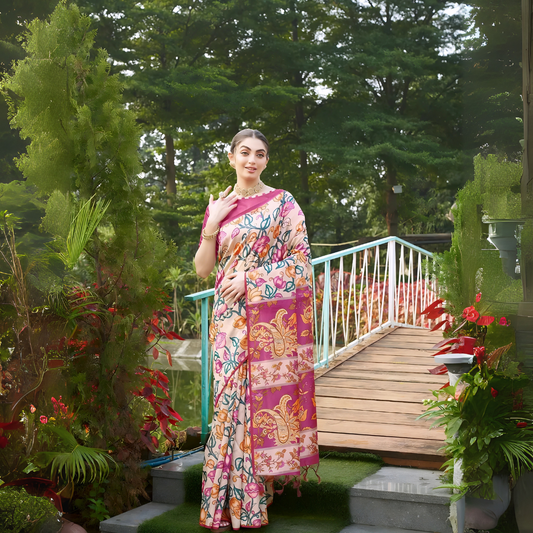 Woman wearing a multicolor saree with vibrant Madhubani-inspired floral and paisley prints, paired with a matching blouse and traditional jewelry, gracefully standing on stone steps beside a wooden bridge surrounded by lush greenery and red flowering plants in a garden setting.