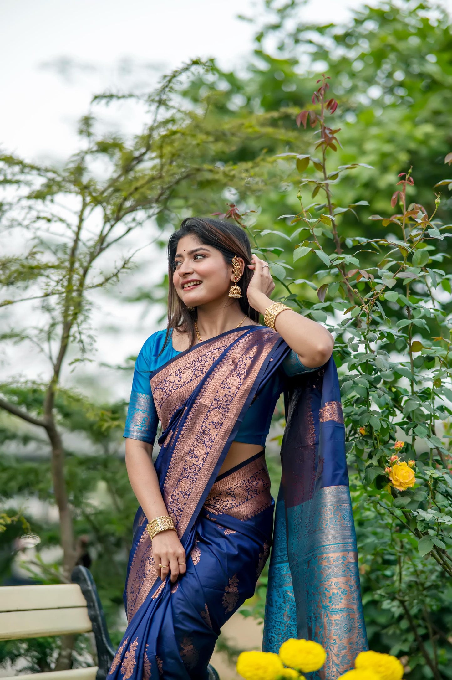 Navy blue saree with zari work and golden border