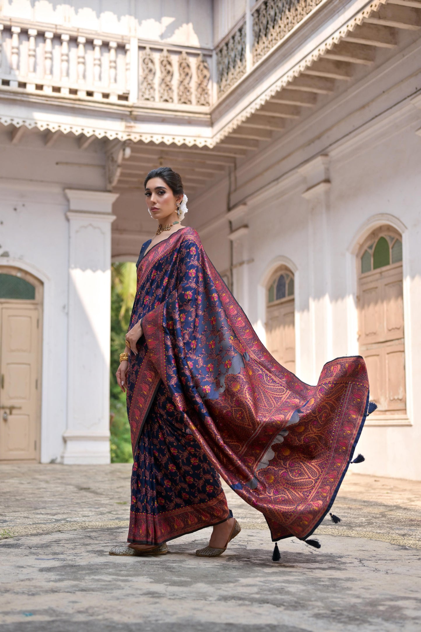 Woman in navy blue zari work saree with intricate patterns in a traditional courtyard setting