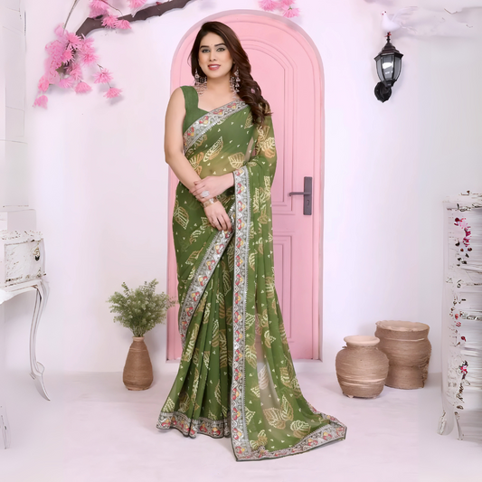 Woman wearing an olive green printed saree with traditional yellow motifs and a colorful embroidered border, paired with a matching blouse. She poses gracefully in front of a pastel pink arched doorway, accessorized with silver jewelry, with clay pots, a green plant in a jute vase, and decorative pink floral branches in a modern minimalist studio setting.