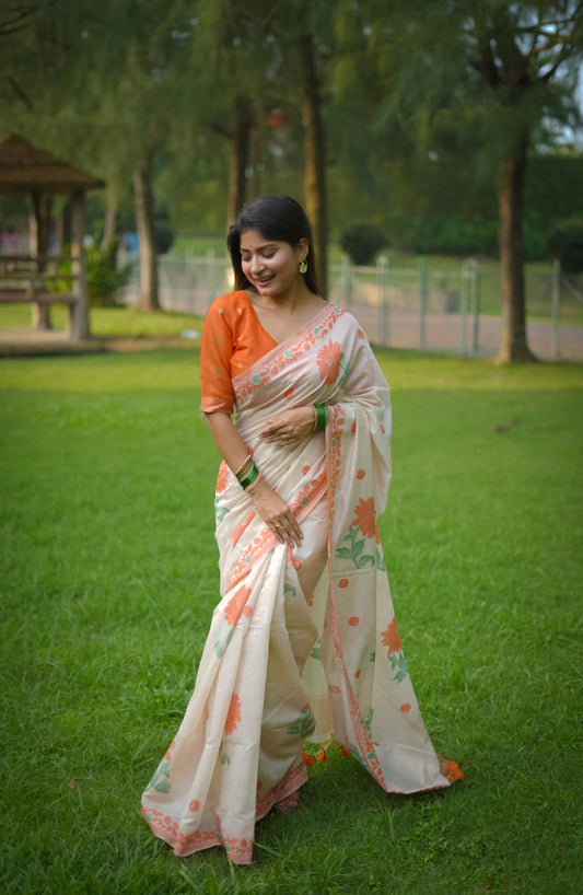 Orange Resham weaving saree