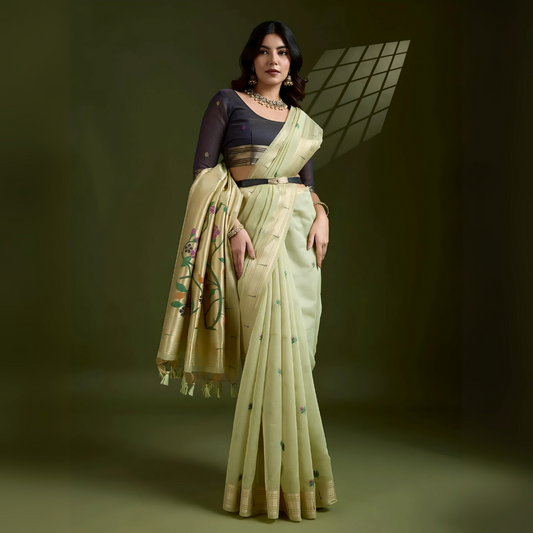 Woman wearing a pastel green silk saree with subtle embroidered motifs and golden zari border, paired with a black three-quarter sleeve blouse and traditional jewelry, elegantly posing in a contemporary studio with olive green walls and artistic window light patterns.