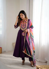 Purple Embroidery Sequins With Mirror Work Khadi Cotton Suit