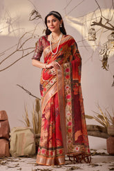 Red Digital Floral Print Linen Cotton Saree