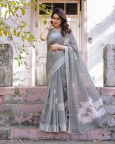 Gray Printed Soft Linen Cotton Saree