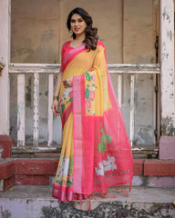 Yellow Printed Soft Linen Cotton Saree