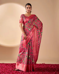Dark Pink Floral Print & Zari Woven Soft Lichi Silk Saree