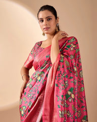 Dark Pink Floral Print & Zari Woven Soft Lichi Silk Saree