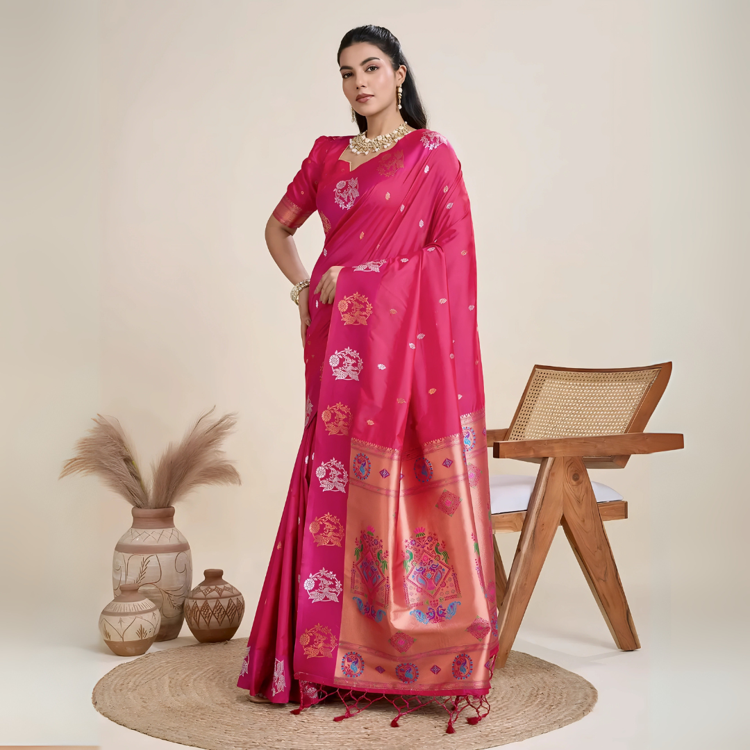 Woman wearing a vibrant pink Banarasi silk saree adorned with intricate gold and multicolor woven motifs and a contrasting gold border, paired with a matching blouse and traditional jewelry, elegantly posing beside a wooden chair in a minimalist studio setting with neutral decor, ceramic vases, and pampas grass.