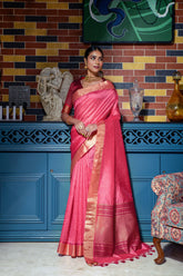 Pink saree with zari work and gold border