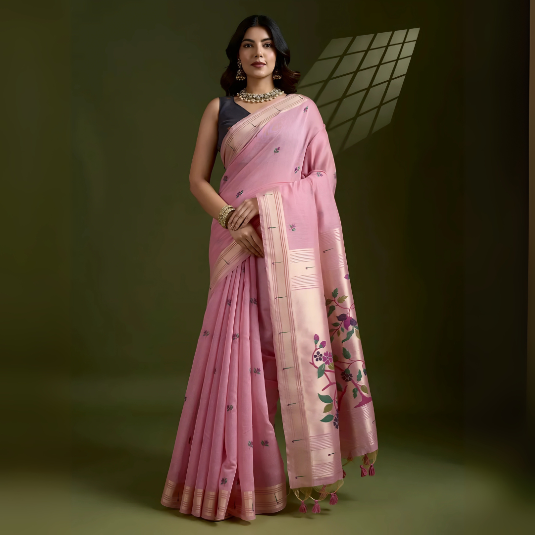 Woman wearing a pastel pink silk saree with subtle woven motifs and a contrasting pallu adorned with floral embroidery, paired with a sleeveless blouse and traditional jewelry, gracefully posing in a studio with olive green walls and patterned window light.