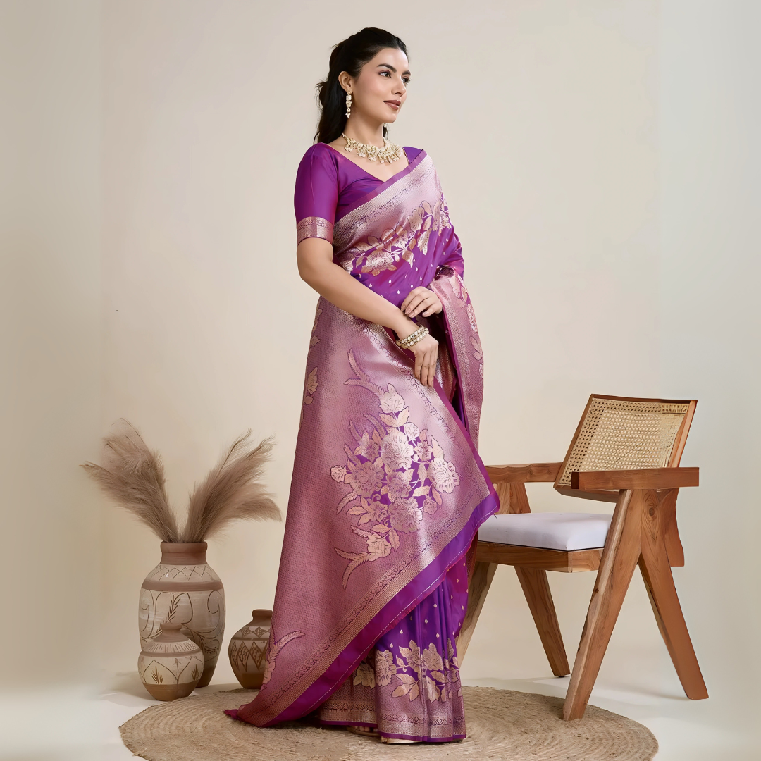 Woman wearing a purple Banarasi silk saree with intricate gold floral zari border and pallu, paired with a matching blouse and traditional jewelry, elegantly posing beside a wooden chair in a minimalist studio with neutral decor and ceramic vases.