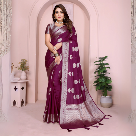 Woman dressed in an elegant purple silk saree featuring large silver woven motifs and an ornate silver zari border, paired with a metallic silver blouse and traditional jewelry. She stands gracefully in front of a pastel arched alcove in a modern studio, accessorized with bangles, and surrounded by a potted green plant and minimal white decor.