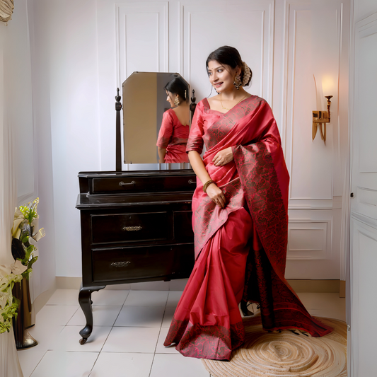 Woman wearing a red silk saree with intricate brocade patterns and a matching blouse, standing gracefully beside a vintage black dresser with a mirror in a softly lit studio featuring white paneled walls and elegant decor.