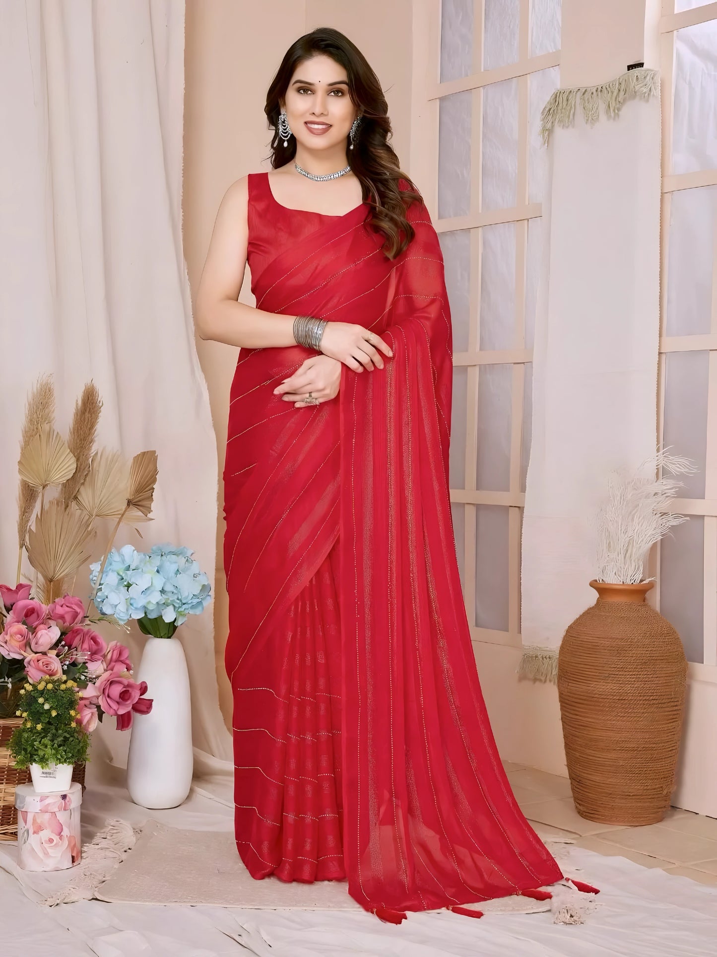 Woman wearing a red saree with subtle sequin stripes and a sleeveless blouse, accessorized with silver jewelry, standing in a modern interior decorated with vases of pink and blue flowers, dried foliage, and a large terracotta pot by window panels