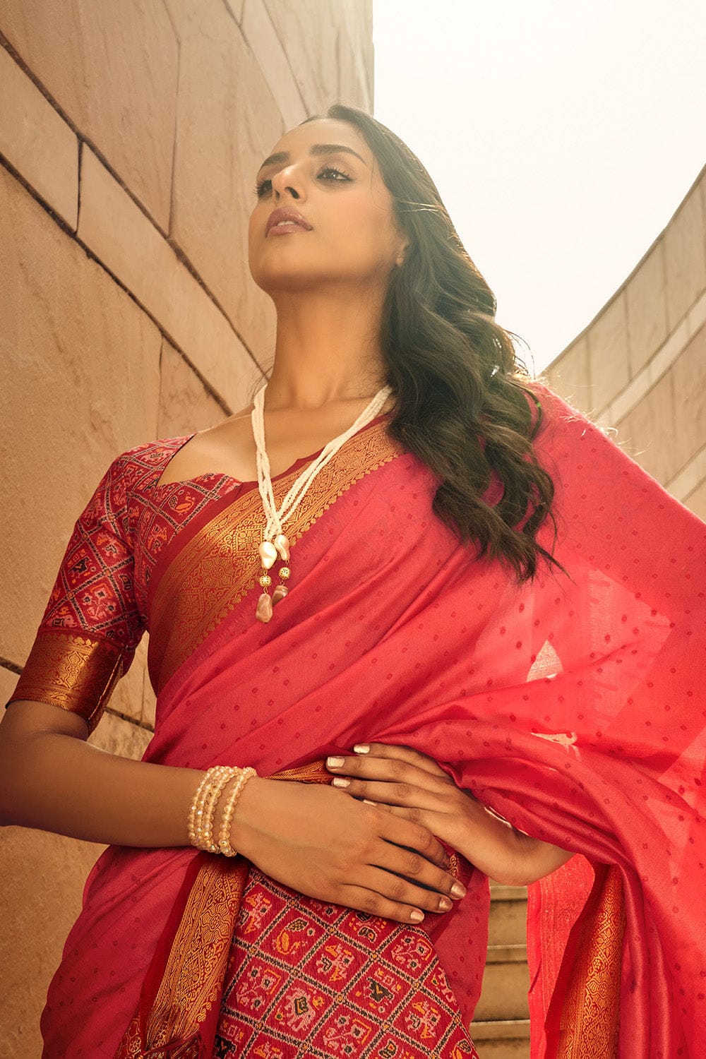 Close-up of a woman in a red saree with intricate zari work and traditional embroidered blouse, highlighting Indian ethnic wear elegance