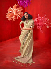 Beige Zari Work Saree, handloom weaving by Rajtex Kronis, traditional ethnic wear