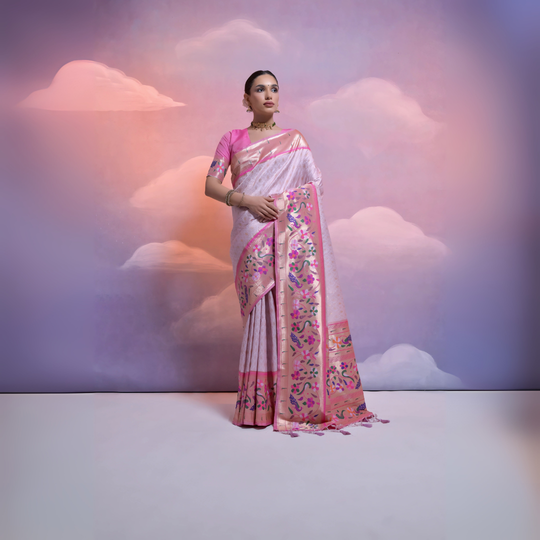 Woman wearing a white Banarasi silk saree with a pink floral zari border and pallu, paired with a pink blouse and traditional jewelry, posing in a pastel-themed studio with dreamy cloud backgrounds