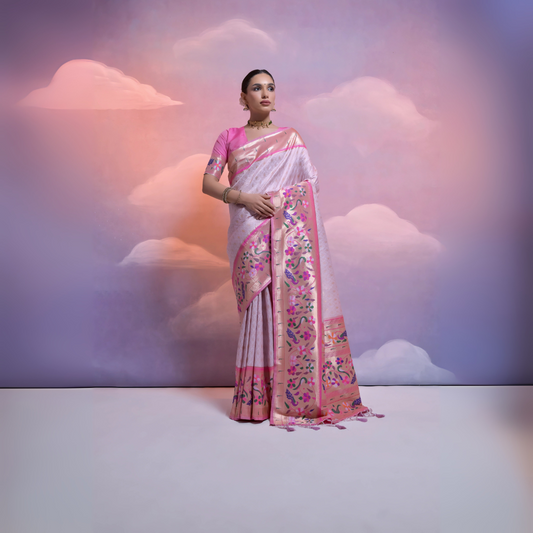Woman wearing a white Banarasi silk saree with a pink floral zari border and pallu, paired with a pink blouse and traditional jewelry, posing in a pastel-themed studio with dreamy cloud backgrounds