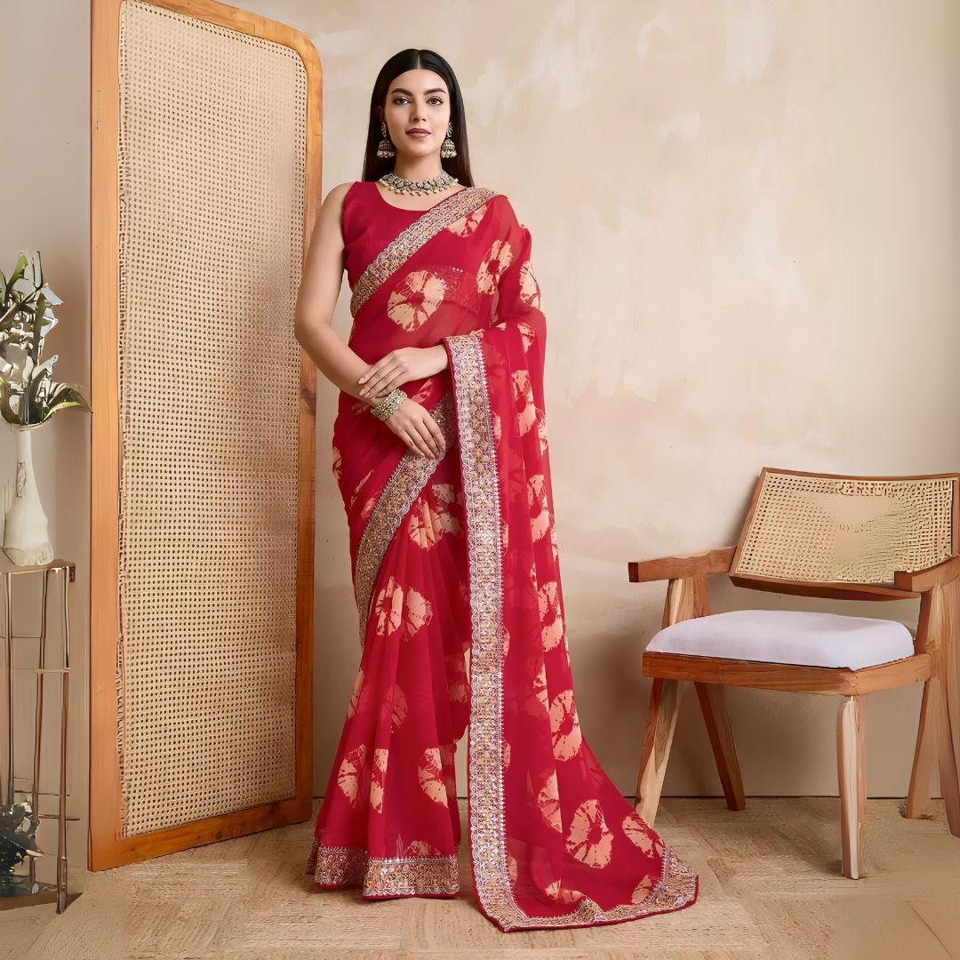 Woman wearing a pink georgette saree with yellow tie-dye patterns and an embellished floral border, paired with traditional jewelry, standing beside a wooden chair and a rattan screen against a beige wall