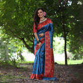 Blue & Red Printed Soft Tussar Silk Saree