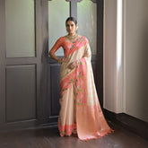 Orange Printed Zari Weaving Soft Silk Saree