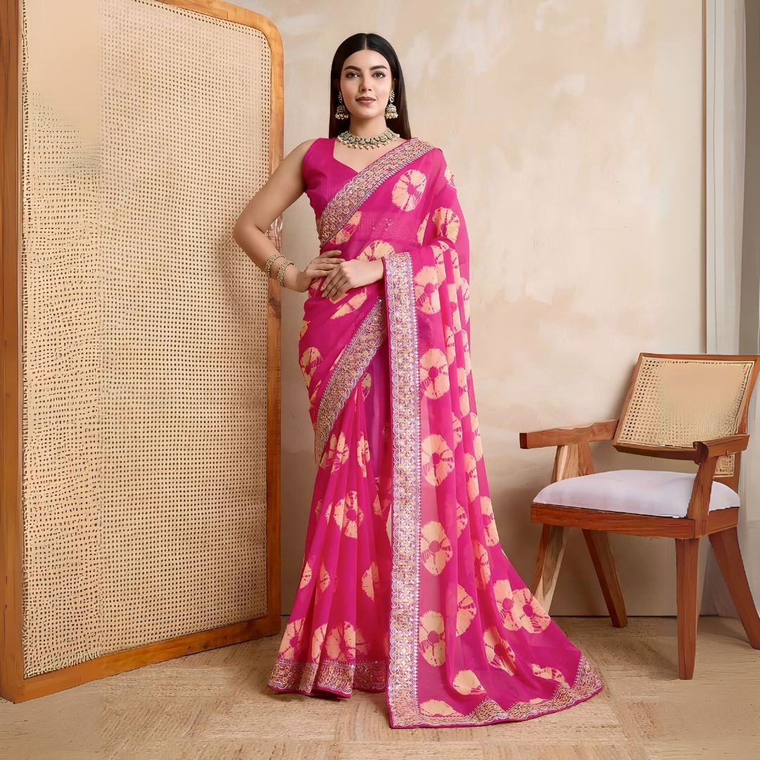 Woman wearing a pink georgette saree with yellow tie-dye patterns and an embellished floral border, paired with traditional jewelry, standing beside a wooden chair against a beige textured wall