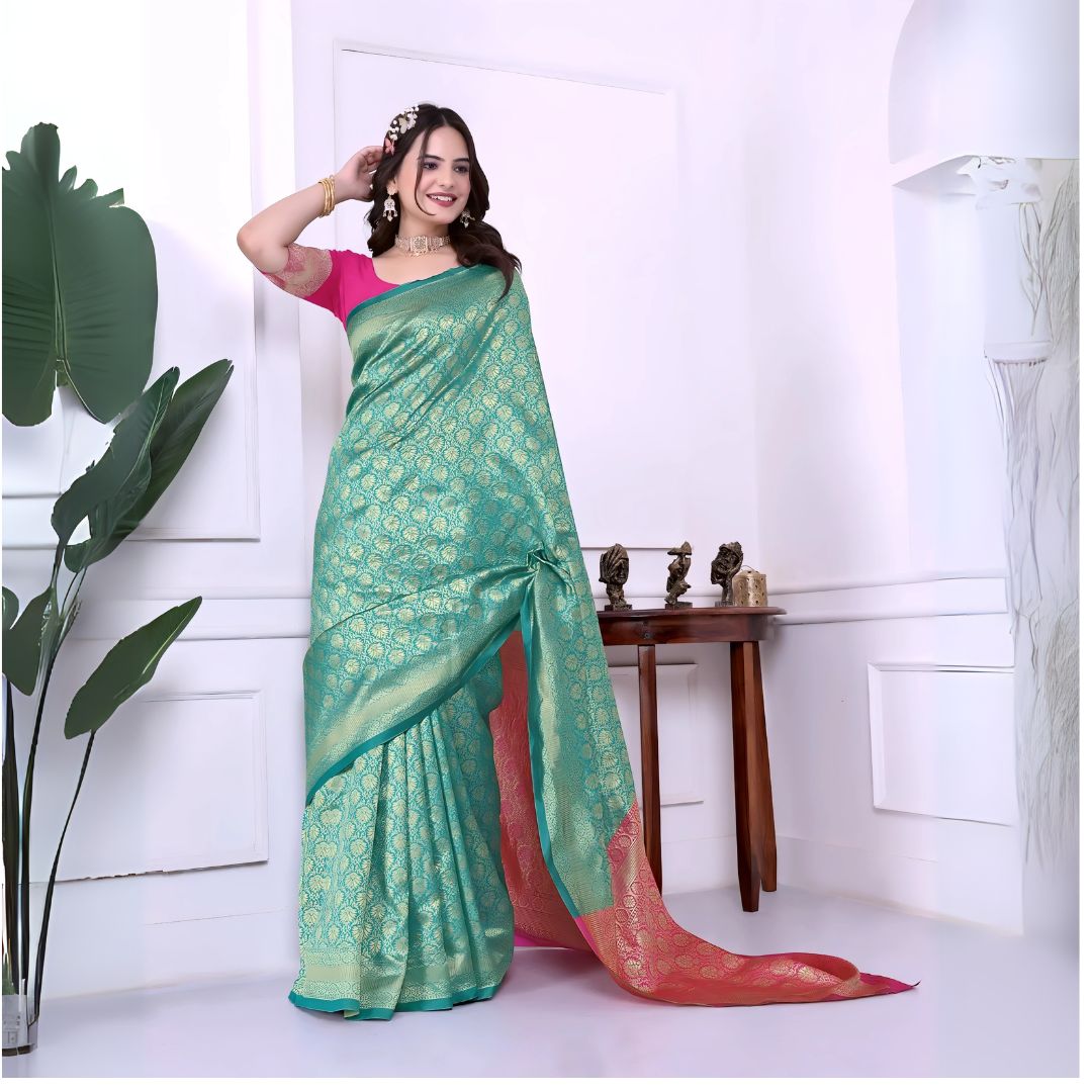 Woman wearing a teal silk saree with intricate gold motifs and a pink blouse, accessorized with traditional jewelry, posing indoors beside green plants and a wooden console table with decor items.