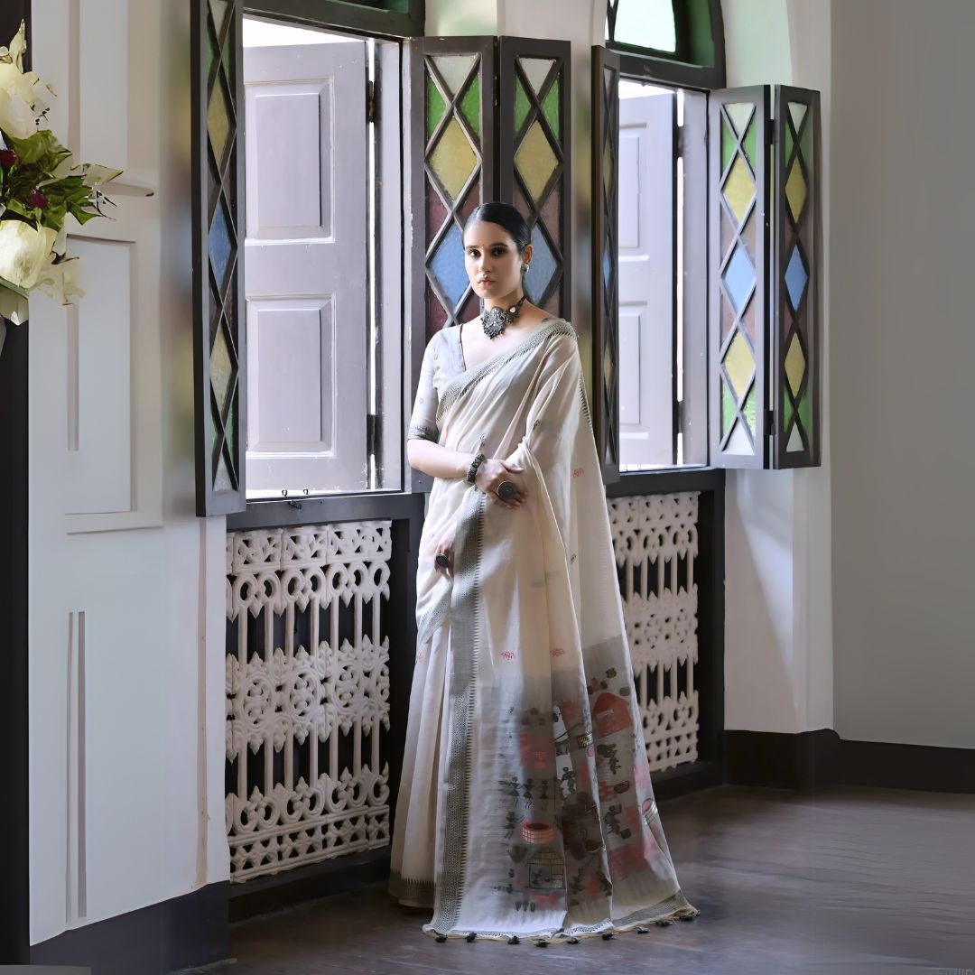 Woman wearing a white silk saree with handpainted motifs and a tassel border, accessorized with traditional jewelry, standing indoors beside vintage stained glass windows with pastel light.