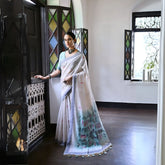 Off White & Sea Green Warli Weaving Soft Muga Cotton Silk Saree