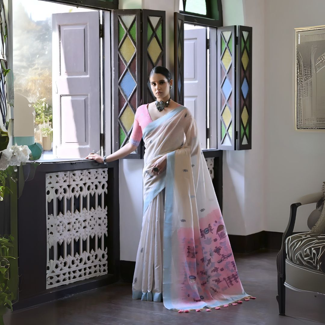Woman wearing a white silk saree with pastel pink and blue village motifs and a tassel border, paired with a pink and blue blouse and statement necklace, standing indoors beside vintage stained glass windows.