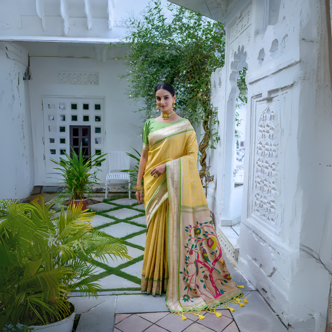 Woman wearing a yellow silk saree with green blouse and gold border, featuring a handpainted pallu with peacock and floral design, posing in a white heritage courtyard with potted plants and traditional architectural details.