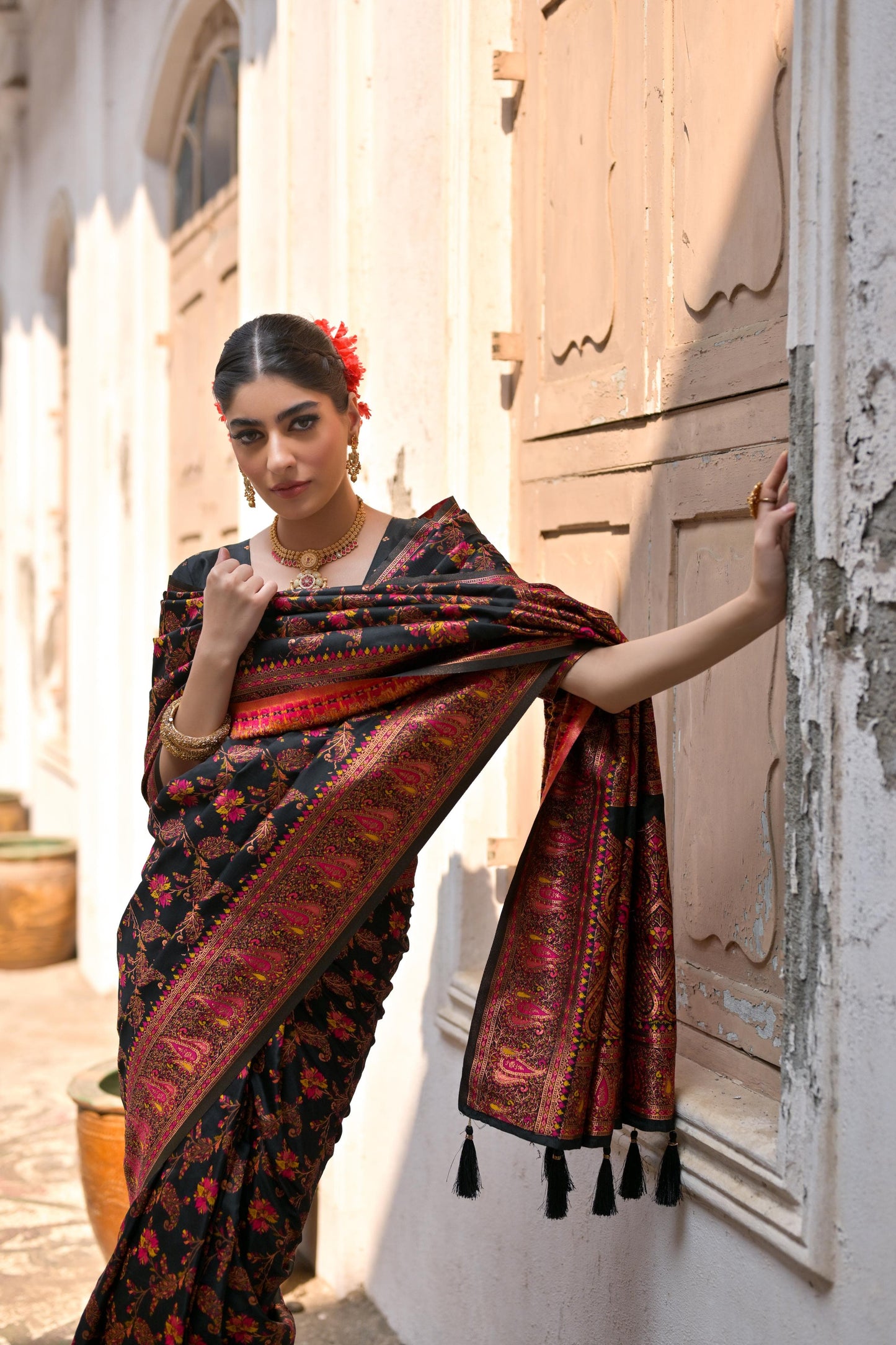 Woman wearing black Zari work saree standing outdoors in traditional Indian ethnic attire
