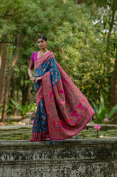Deep navy blue Zari work soft Pashmina silk saree featuring an intricate Kashmiri-style jal weaving pattern, perfect for festive and traditional occasions.