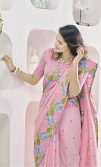 Pink Floral Print Linen Silk Saree
