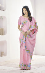 Pink Floral Print Linen Silk Saree