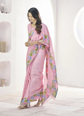 Pink Floral Print Linen Silk Saree