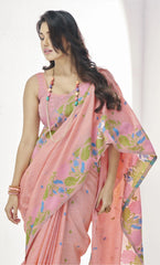 Soft Pink Floral Print Linen Silk Saree