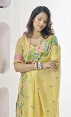 Yellow Floral Print Linen Silk Saree