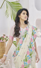 Off White Floral Print Linen Silk Saree