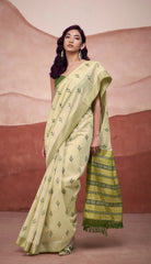 Light Pista Zari Weaving Cotton Saree
