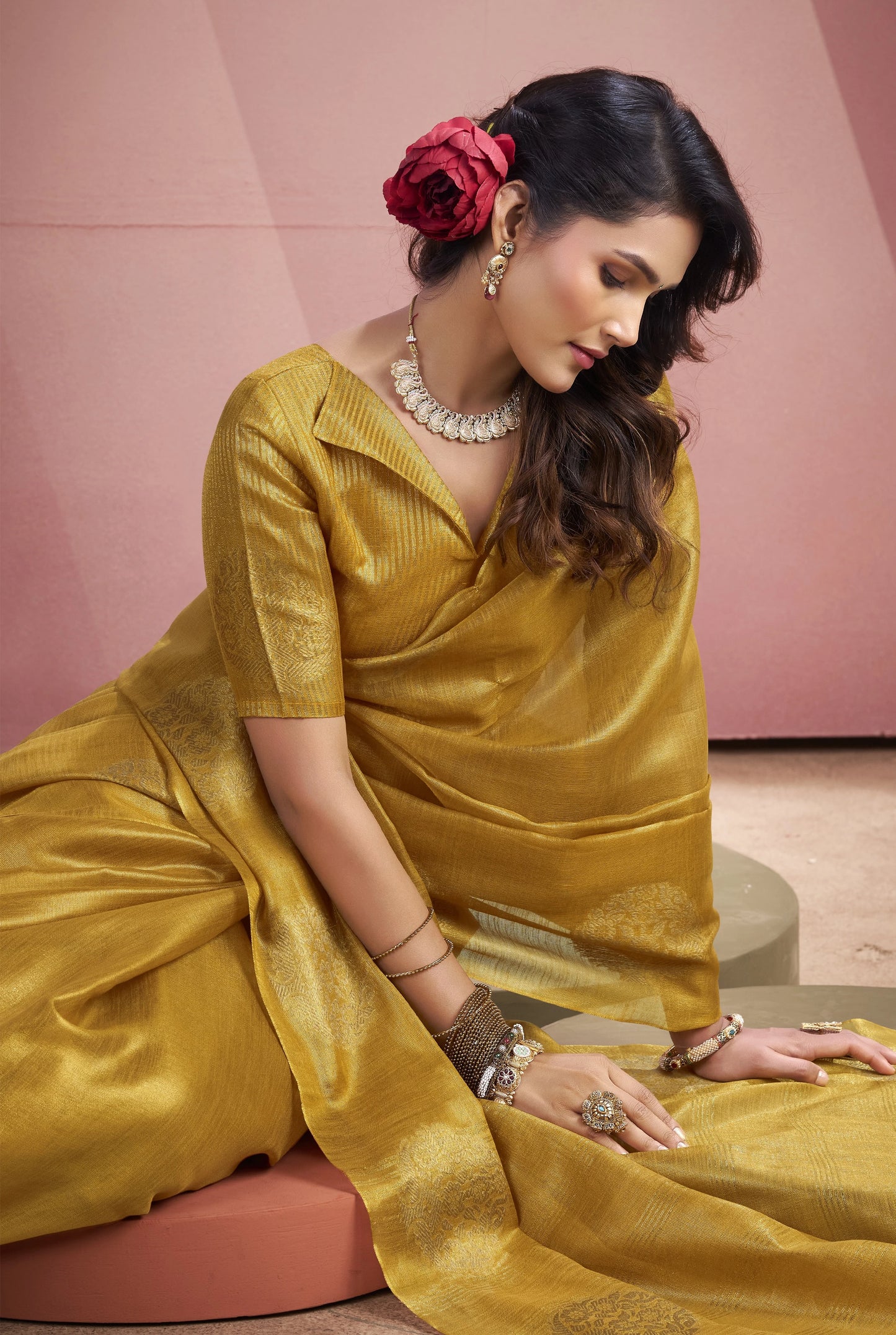 Mustard Yellow Tissue Fancy Weaving Silk Saree