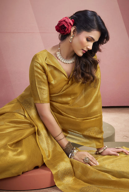 Mustard Yellow Tissue Fancy Weaving Silk Saree